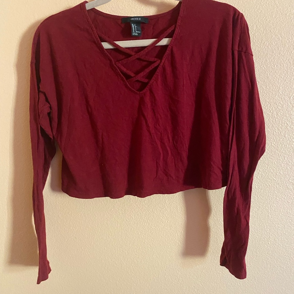 Maroon Cross V Neck Long Sleeve Crop top